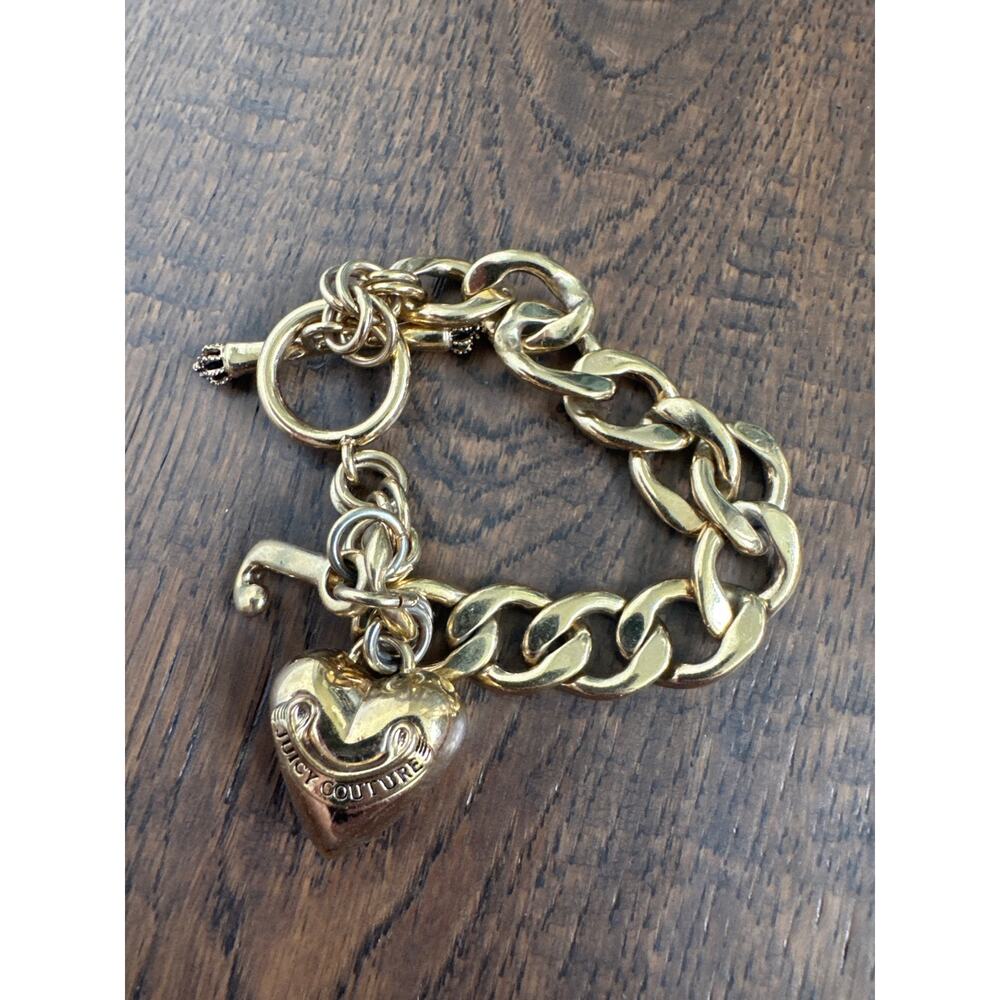 Juicy Couture VTG Y2K Puffy Heart Charm Toggle Gold Tone Chain Starter Bracelet
